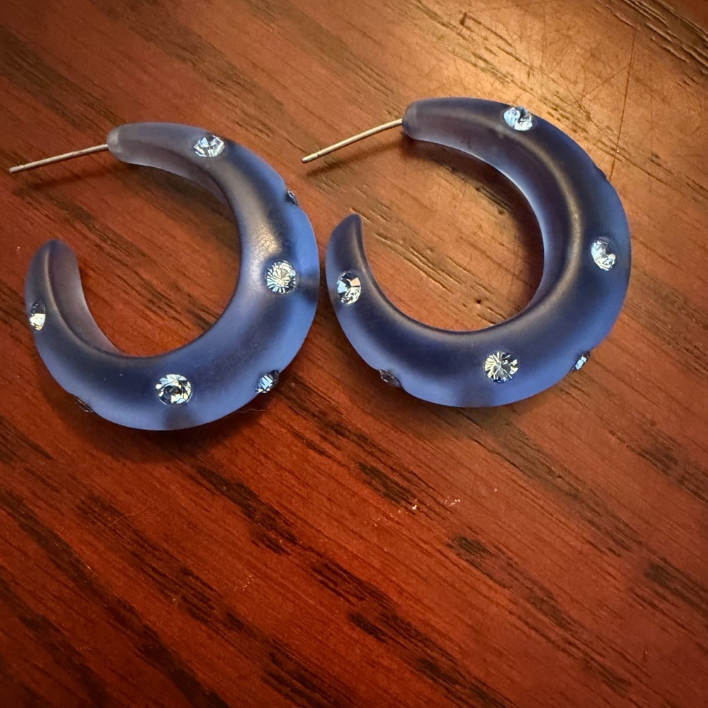 Blue Lucite Hoop Earrings with Swarovski Crystal - Picture 2 of 3
